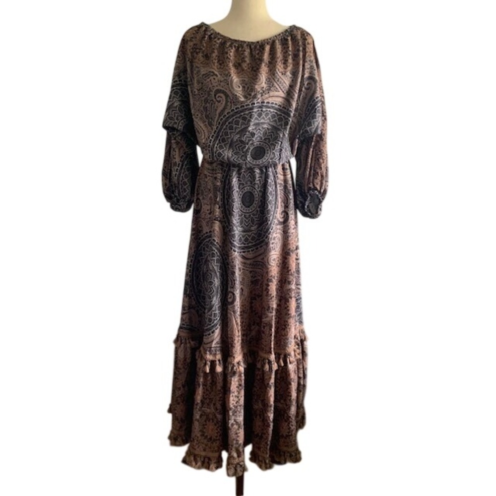Bohemian Tiered Mixed Print Maxi Dress S Tassel Boho Gypsy Whimsigoth Western